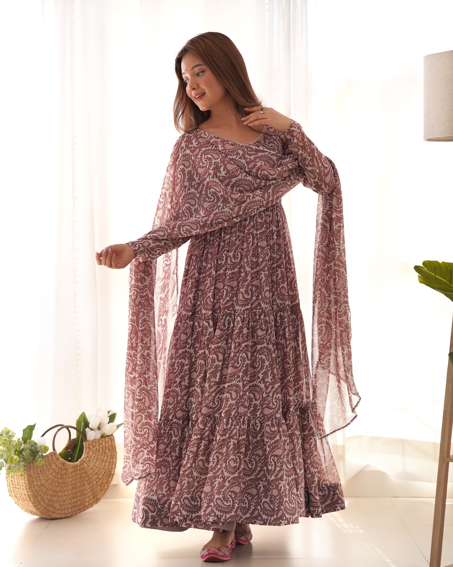 Amazing Brown Digital Printed Long Anarkali Gown With Dupatta