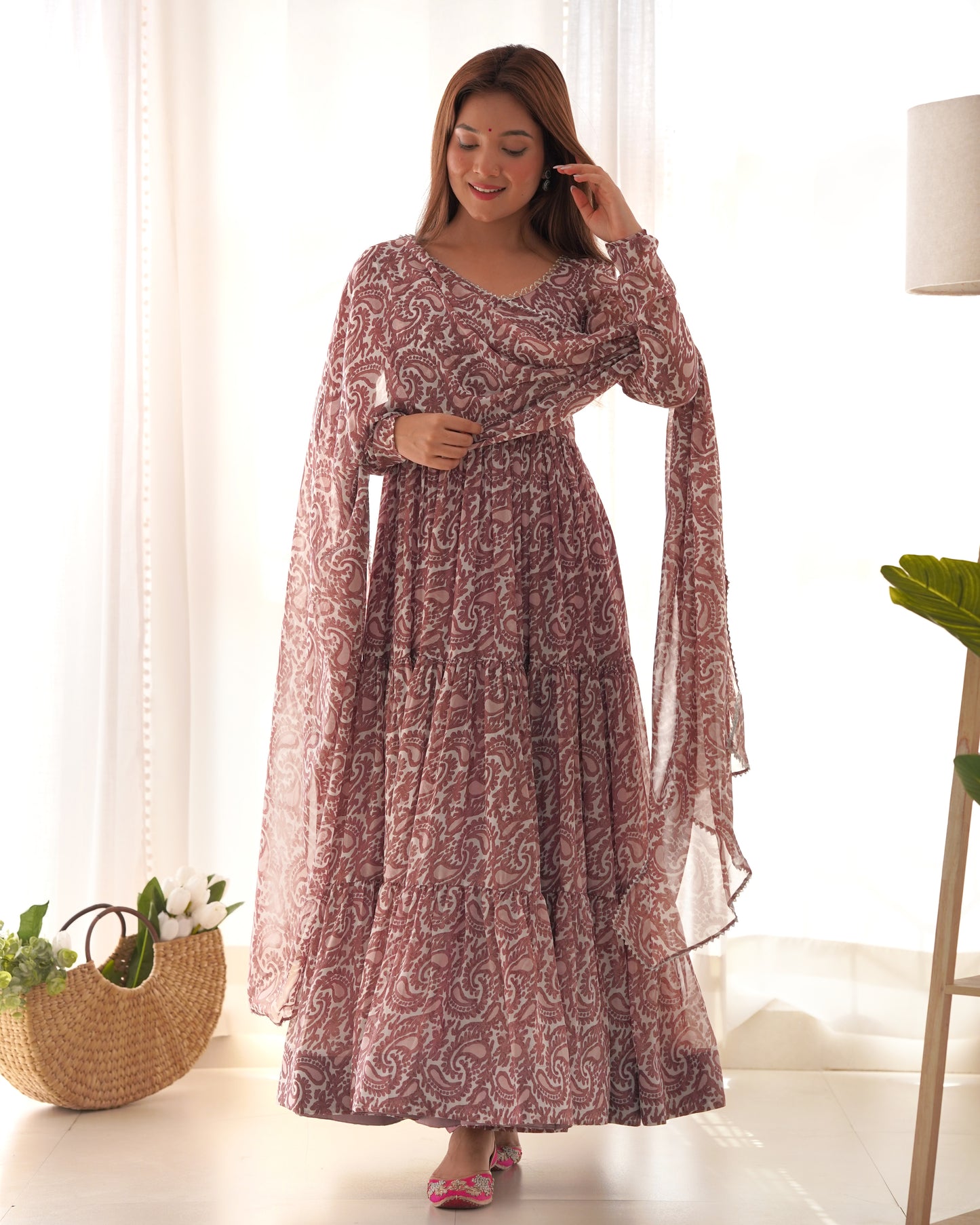 Amazing Brown Digital Printed Long Anarkali Gown With Dupatta