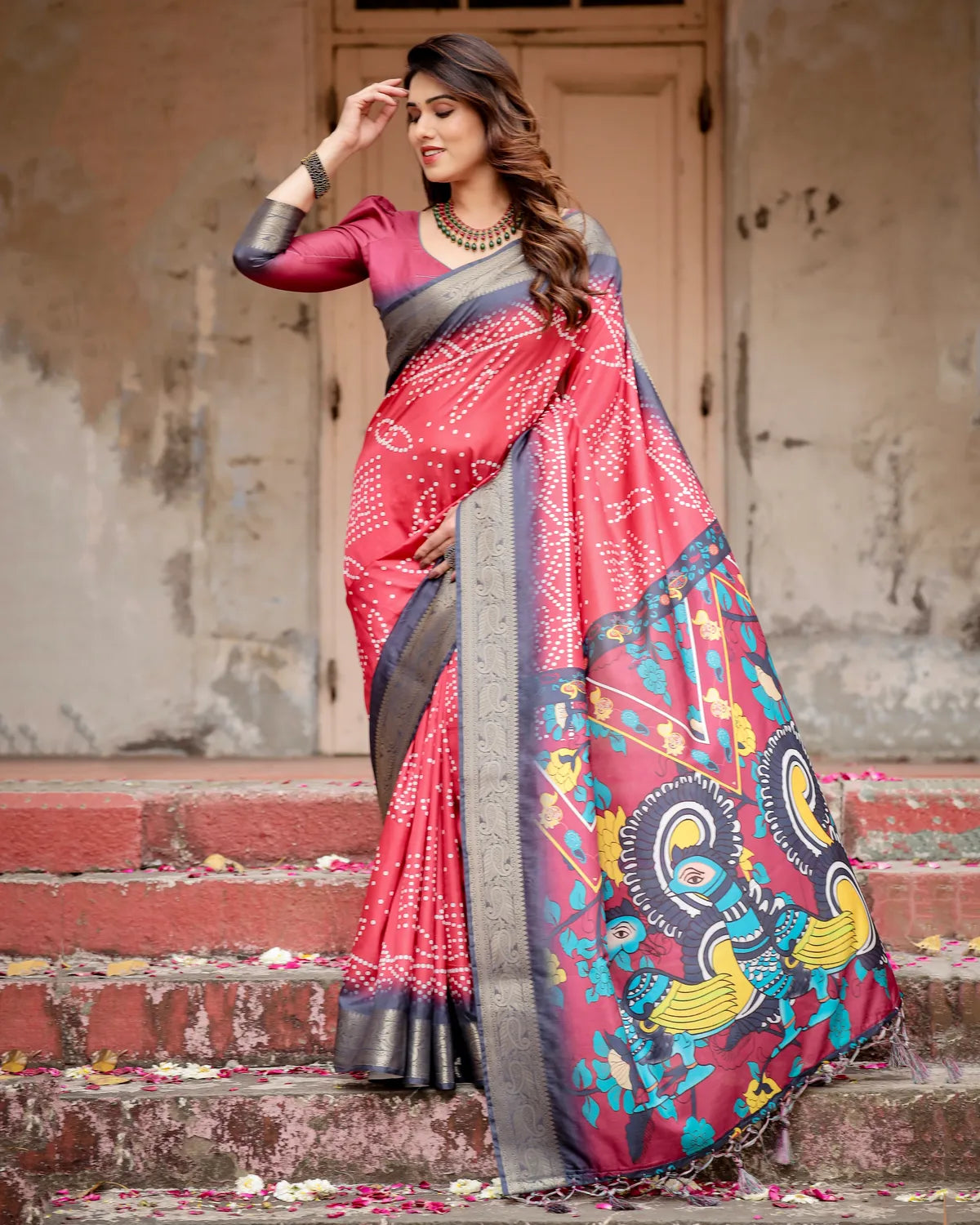Pink Pure Silk Digitally Printed Saree Weaved With Golden Zari Comes With Tassels