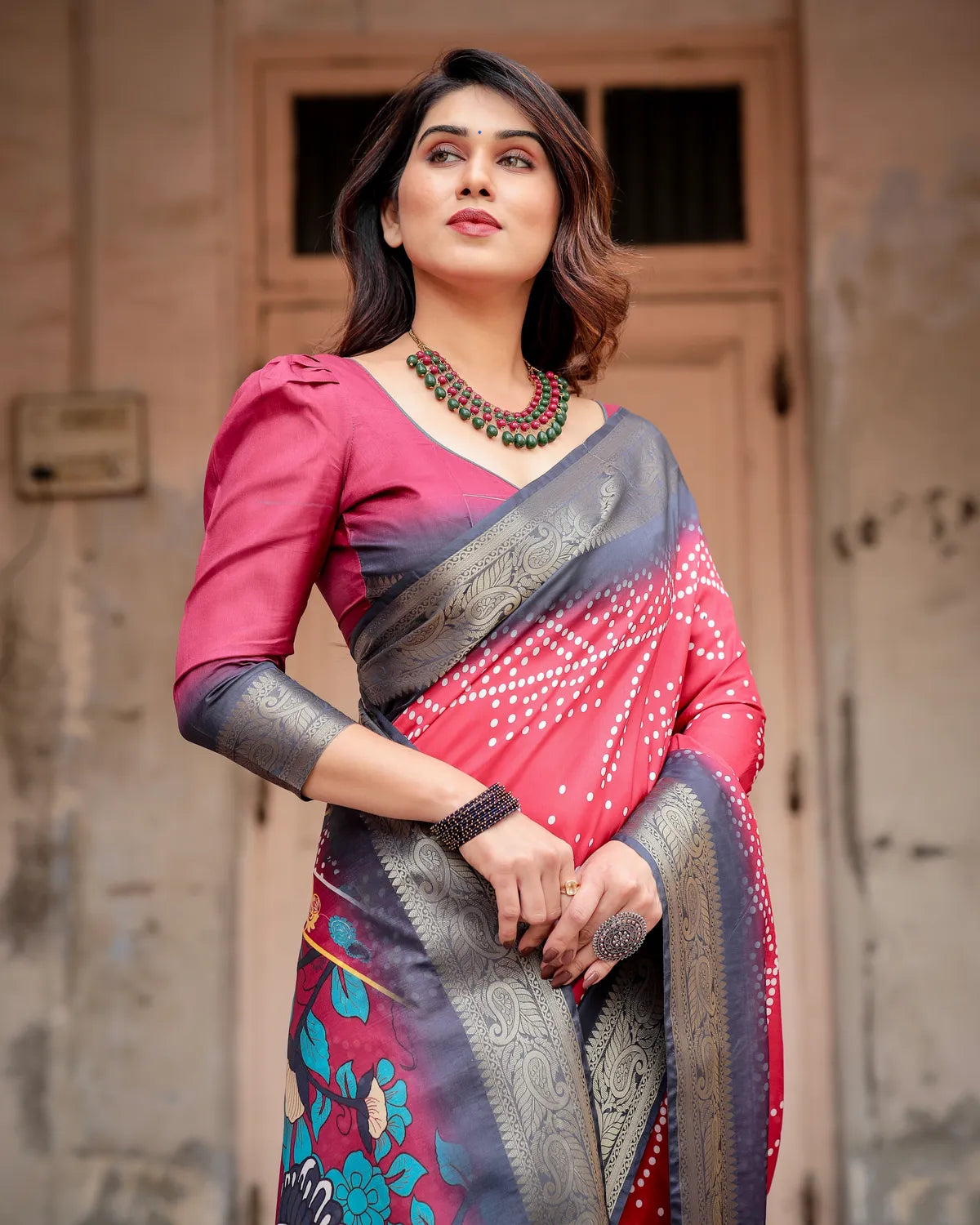 Pink Pure Silk Digitally Printed Saree Weaved With Golden Zari Comes With Tassels