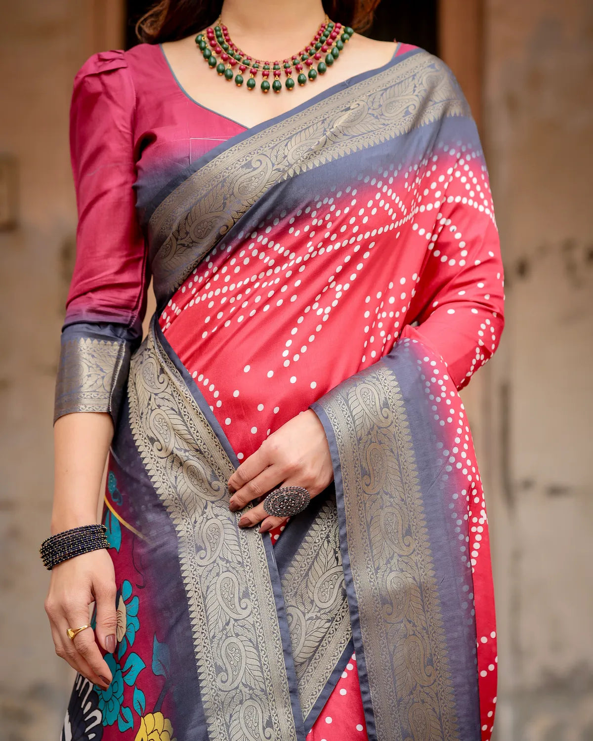Pink Pure Silk Digitally Printed Saree Weaved With Golden Zari Comes With Tassels