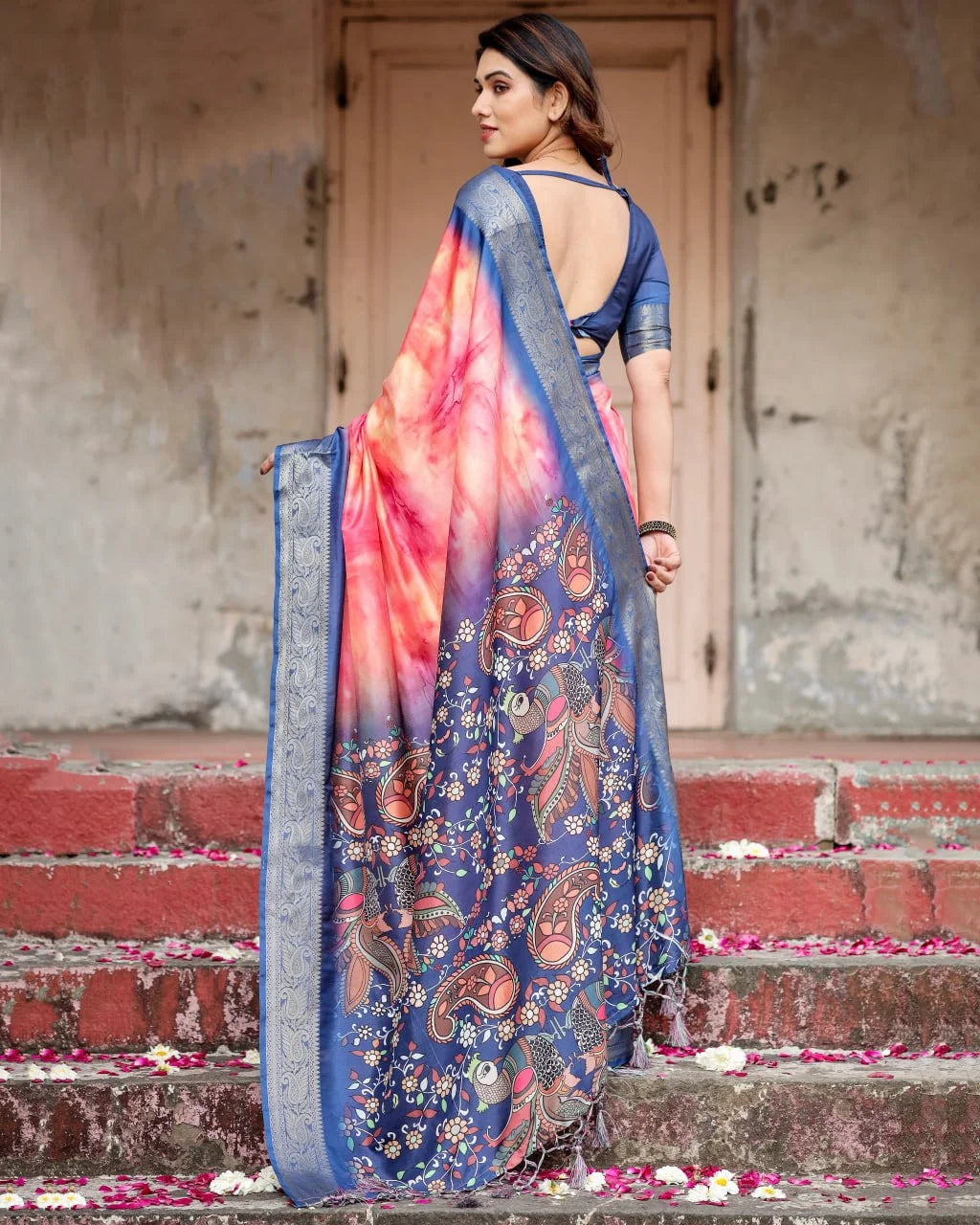 Pure Dola Silk Digitally Printed Saree with Golden Zari and Tassels