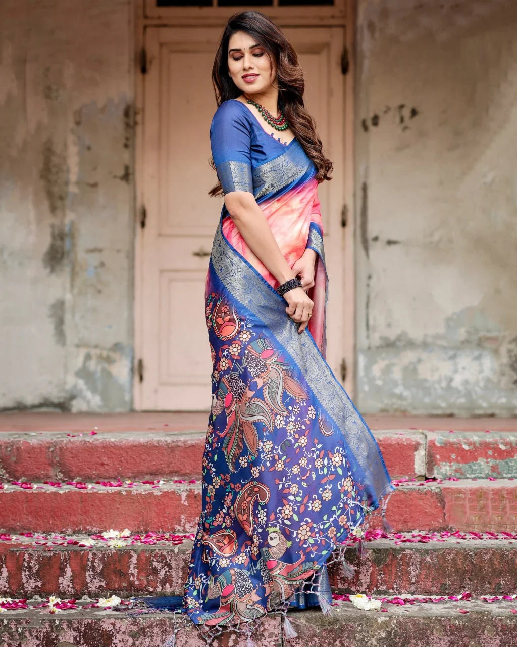 Pure Dola Silk Digitally Printed Saree with Golden Zari and Tassels