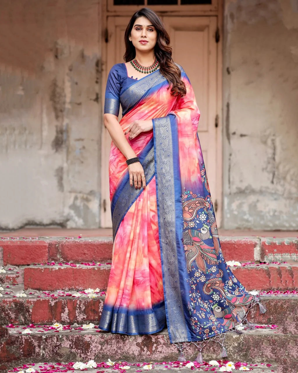 Pure Dola Silk Digitally Printed Saree with Golden Zari and Tassels