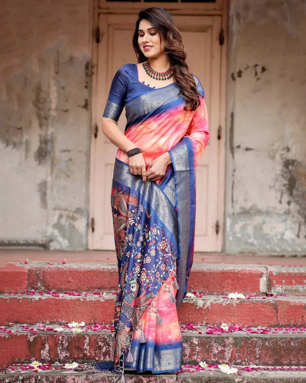 Pure Dola Silk Digitally Printed Saree with Golden Zari and Tassels