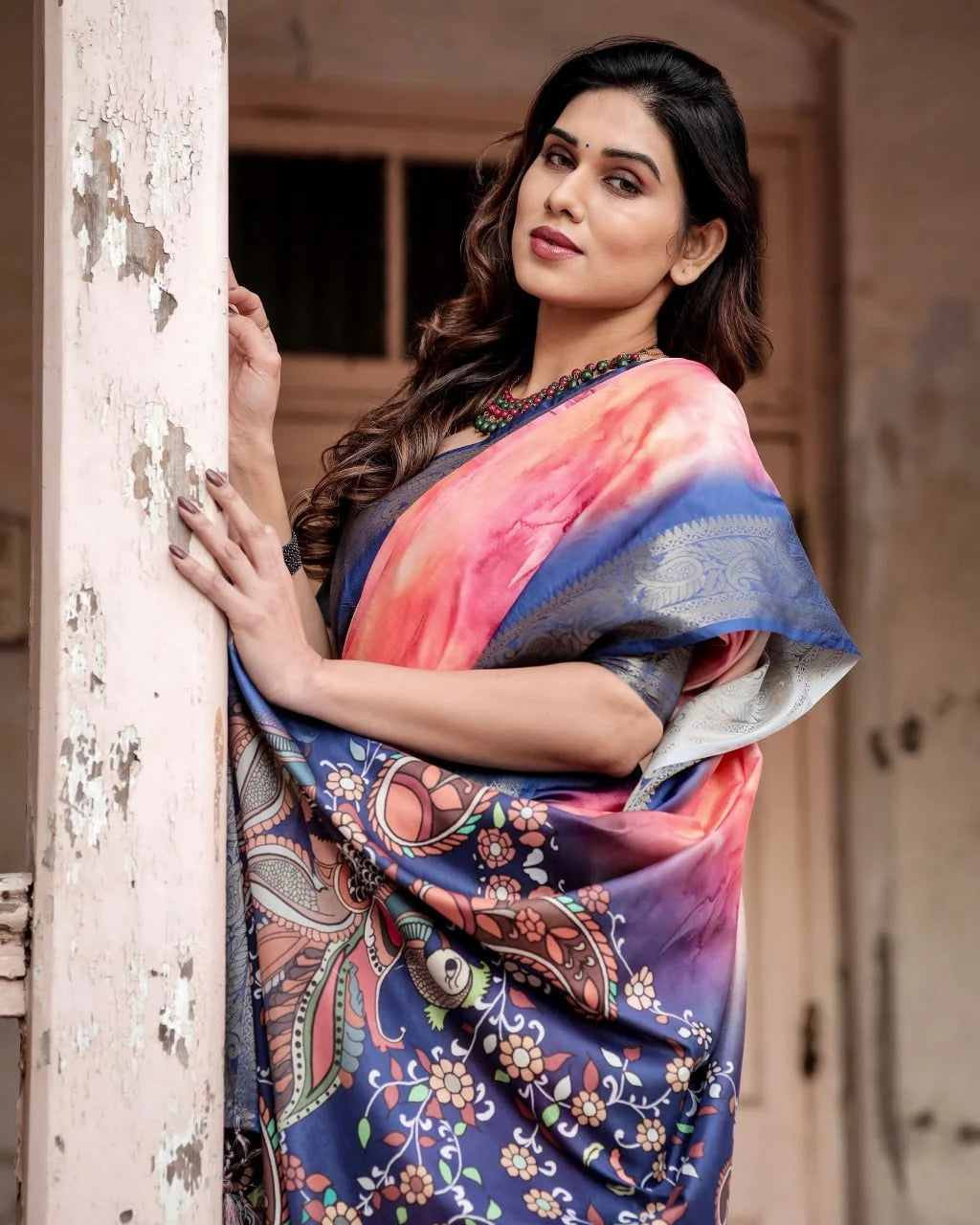 Pure Dola Silk Digitally Printed Saree with Golden Zari and Tassels