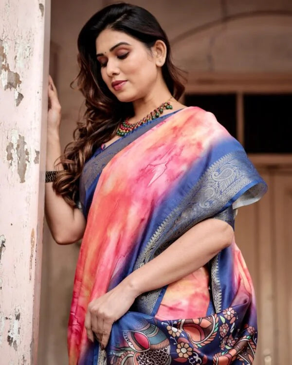 Pure Dola Silk Digitally Printed Saree with Golden Zari and Tassels