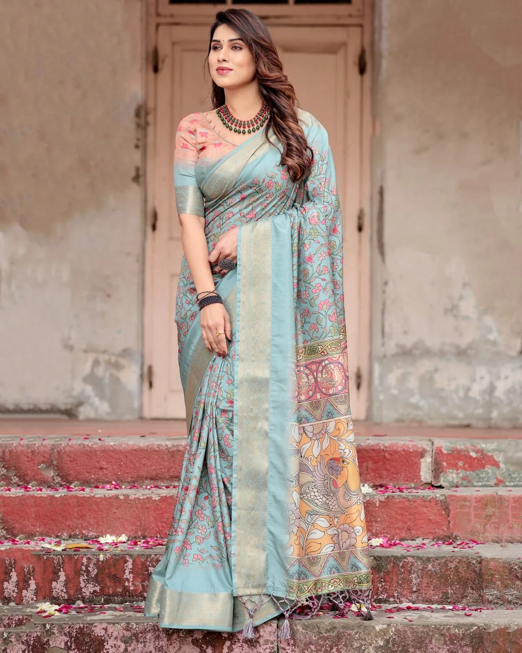 Digital Printed Art Silk Saree in Light Blue