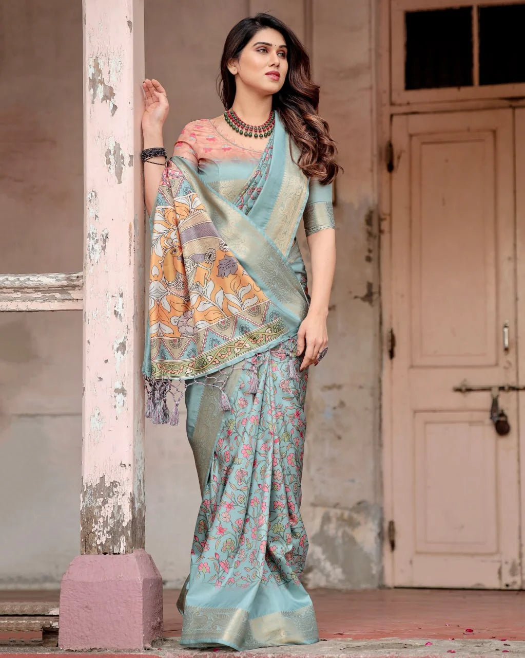 Digital Printed Art Silk Saree in Light Blue