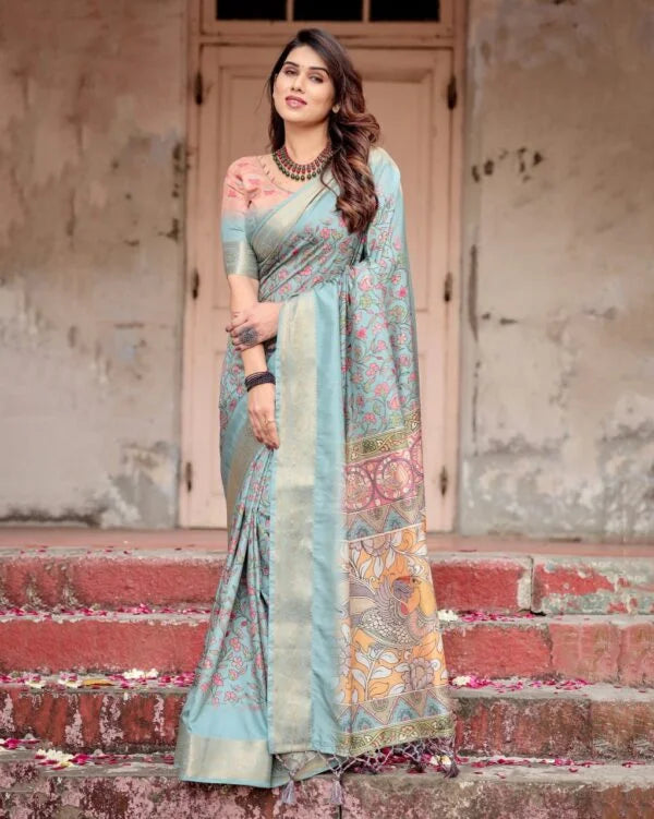 Digital Printed Art Silk Saree in Light Blue