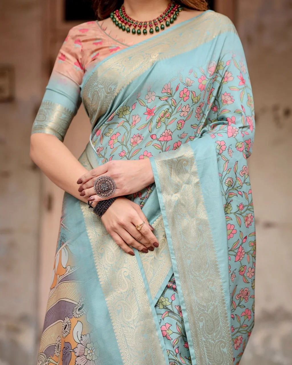 Digital Printed Art Silk Saree in Light Blue