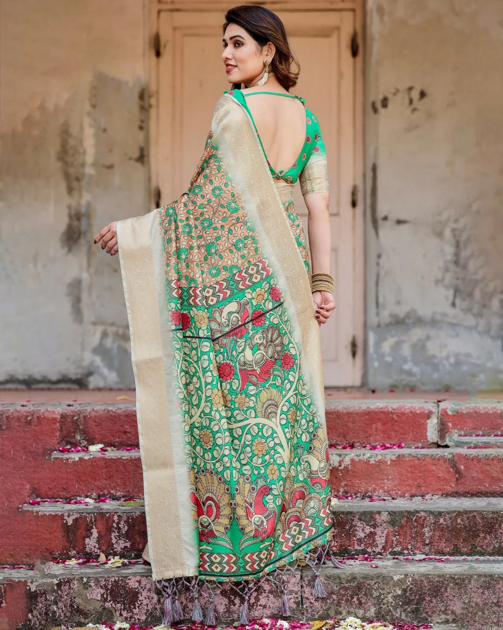 Pure Dola Silk Digitally Printed Saree with Golden Zari and Tassels