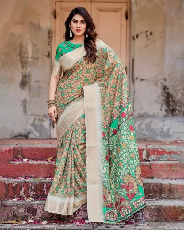Pure Dola Silk Digitally Printed Saree with Golden Zari and Tassels
