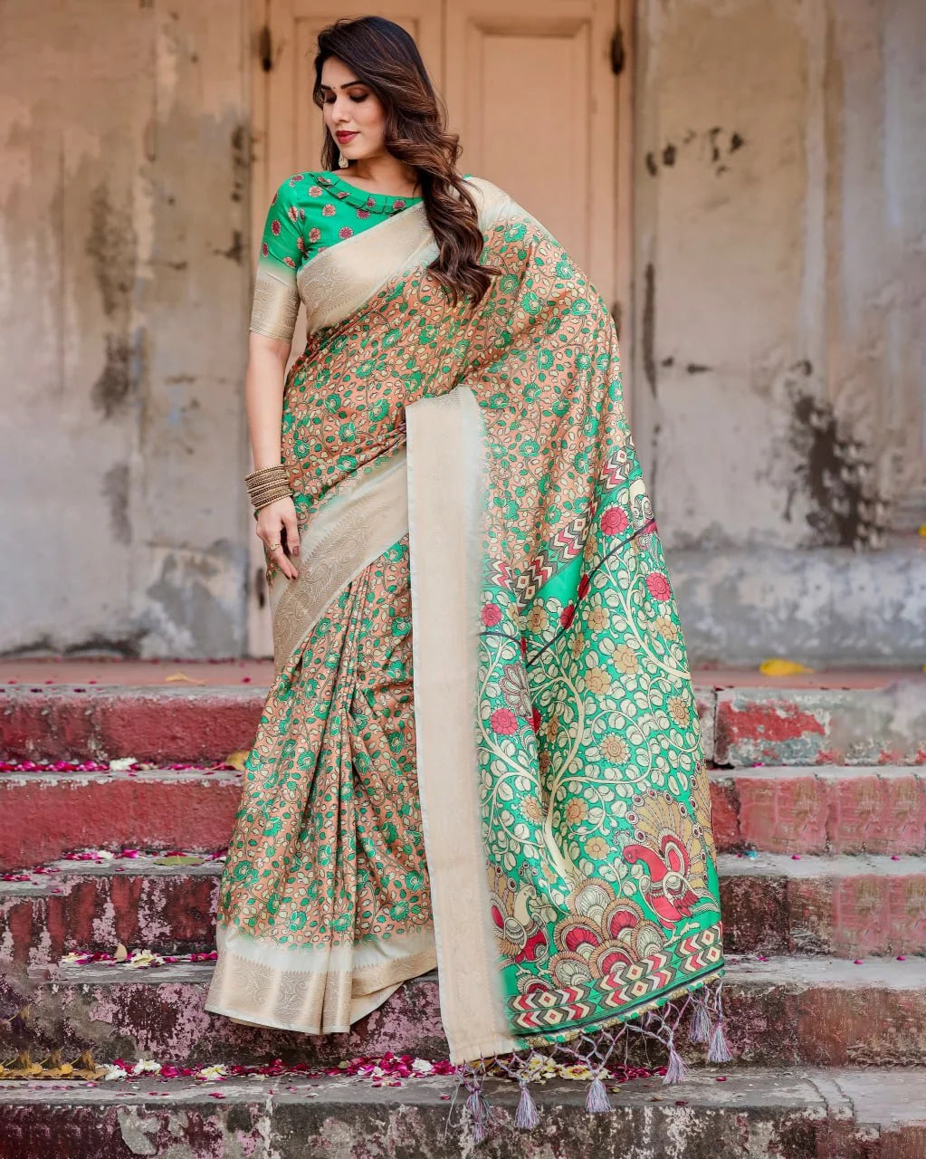 Pure Dola Silk Digitally Printed Saree with Golden Zari and Tassels