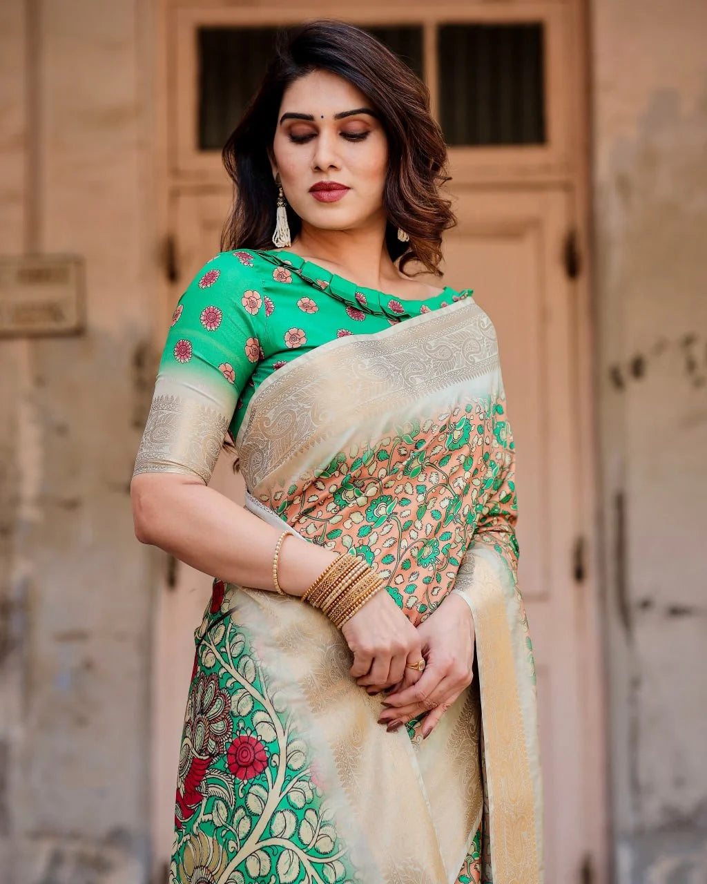 Pure Dola Silk Digitally Printed Saree with Golden Zari and Tassels