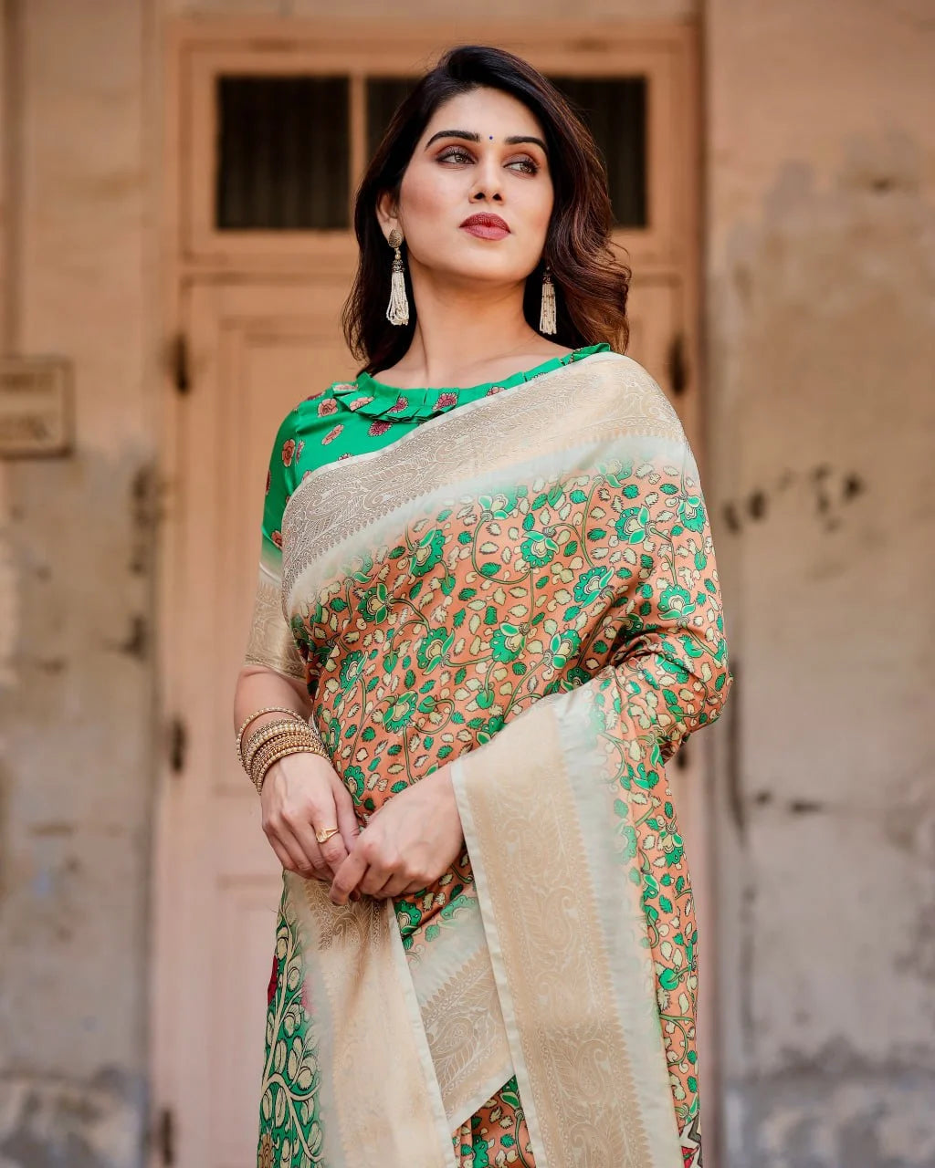 Pure Dola Silk Digitally Printed Saree with Golden Zari and Tassels