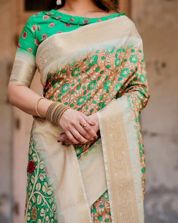 Pure Dola Silk Digitally Printed Saree with Golden Zari and Tassels