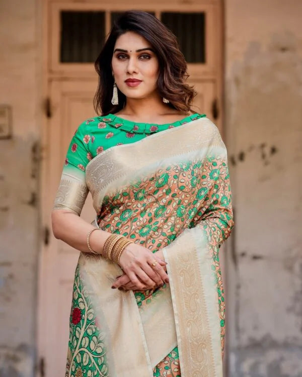 Pure Dola Silk Digitally Printed Saree with Golden Zari and Tassels