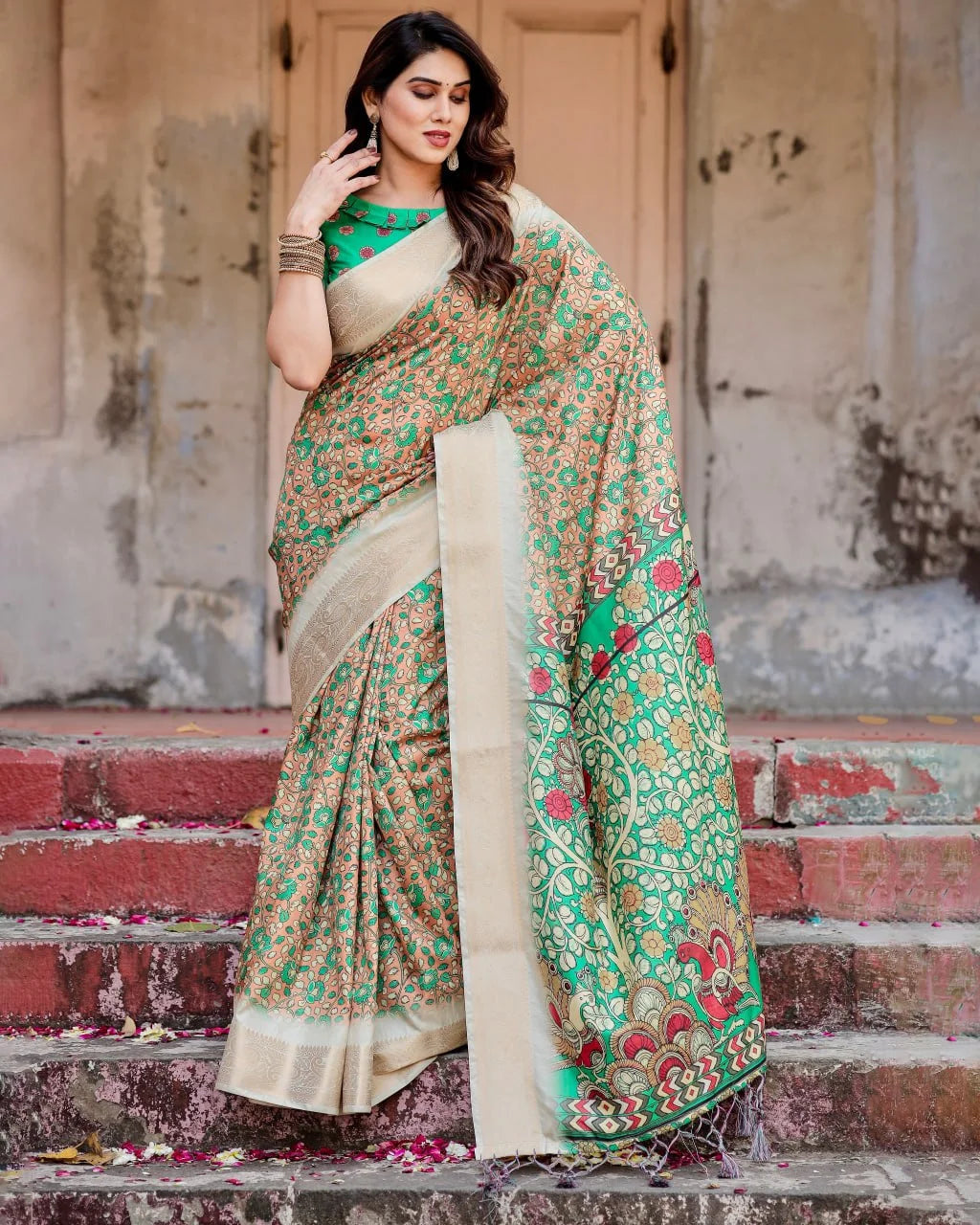 Pure Dola Silk Digitally Printed Saree with Golden Zari and Tassels