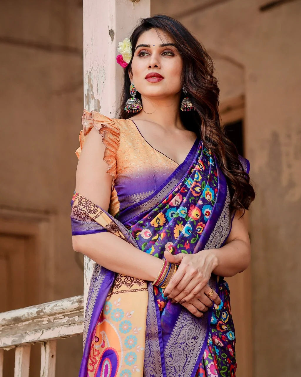 Pure Dola Silk Digitally Printed Purple Saree with Golden Zari and Tassels