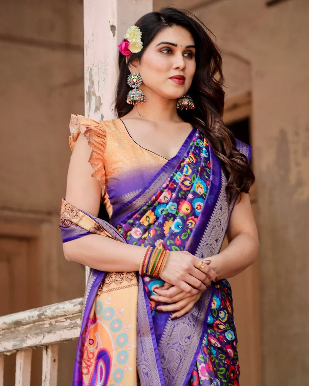 Pure Dola Silk Digitally Printed Purple Saree with Golden Zari and Tassels