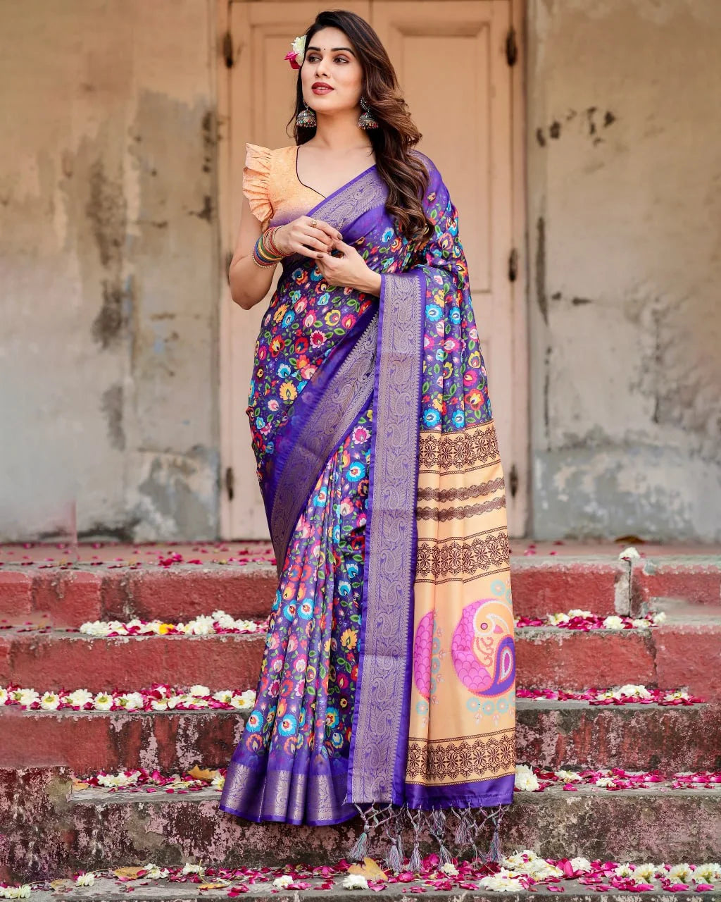 Pure Dola Silk Digitally Printed Purple Saree with Golden Zari and Tassels