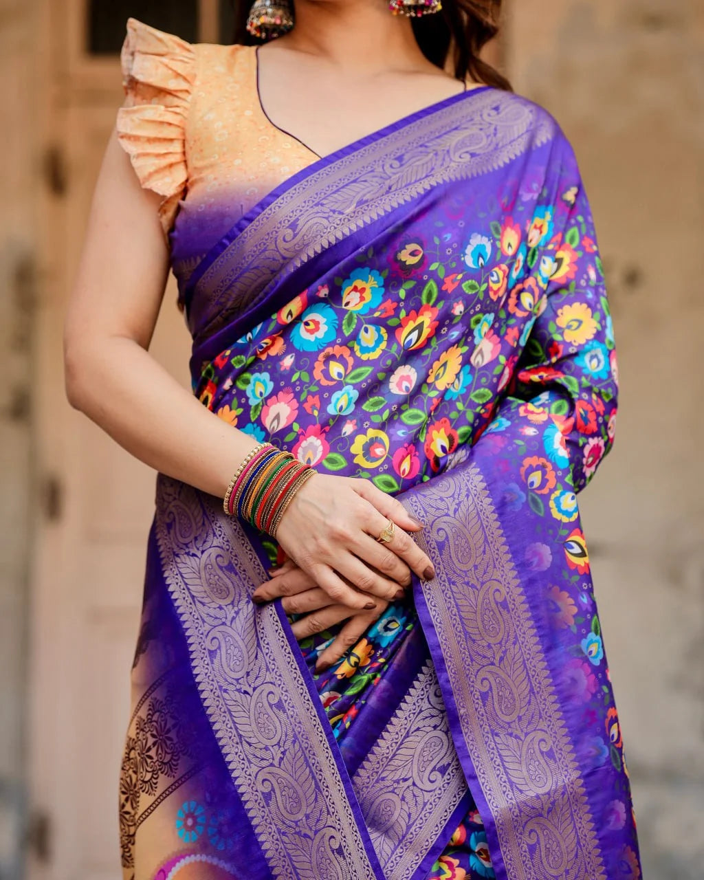 Pure Dola Silk Digitally Printed Purple Saree with Golden Zari and Tassels