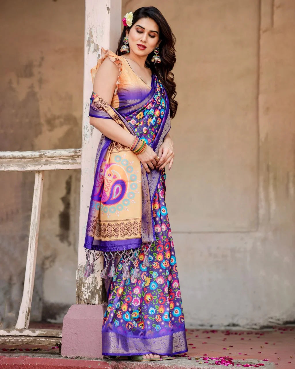Pure Dola Silk Digitally Printed Purple Saree with Golden Zari and Tassels