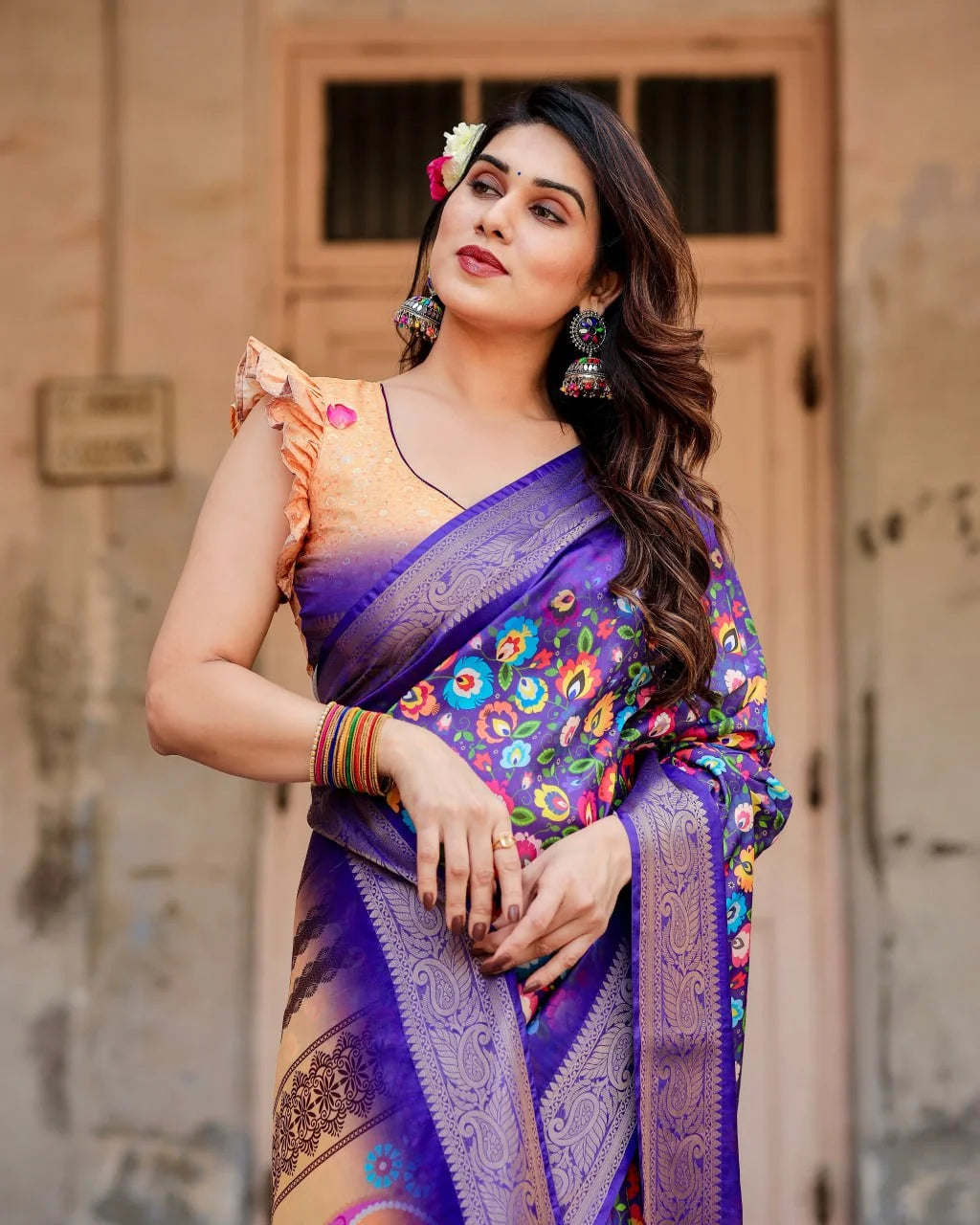 Pure Dola Silk Digitally Printed Purple Saree with Golden Zari and Tassels
