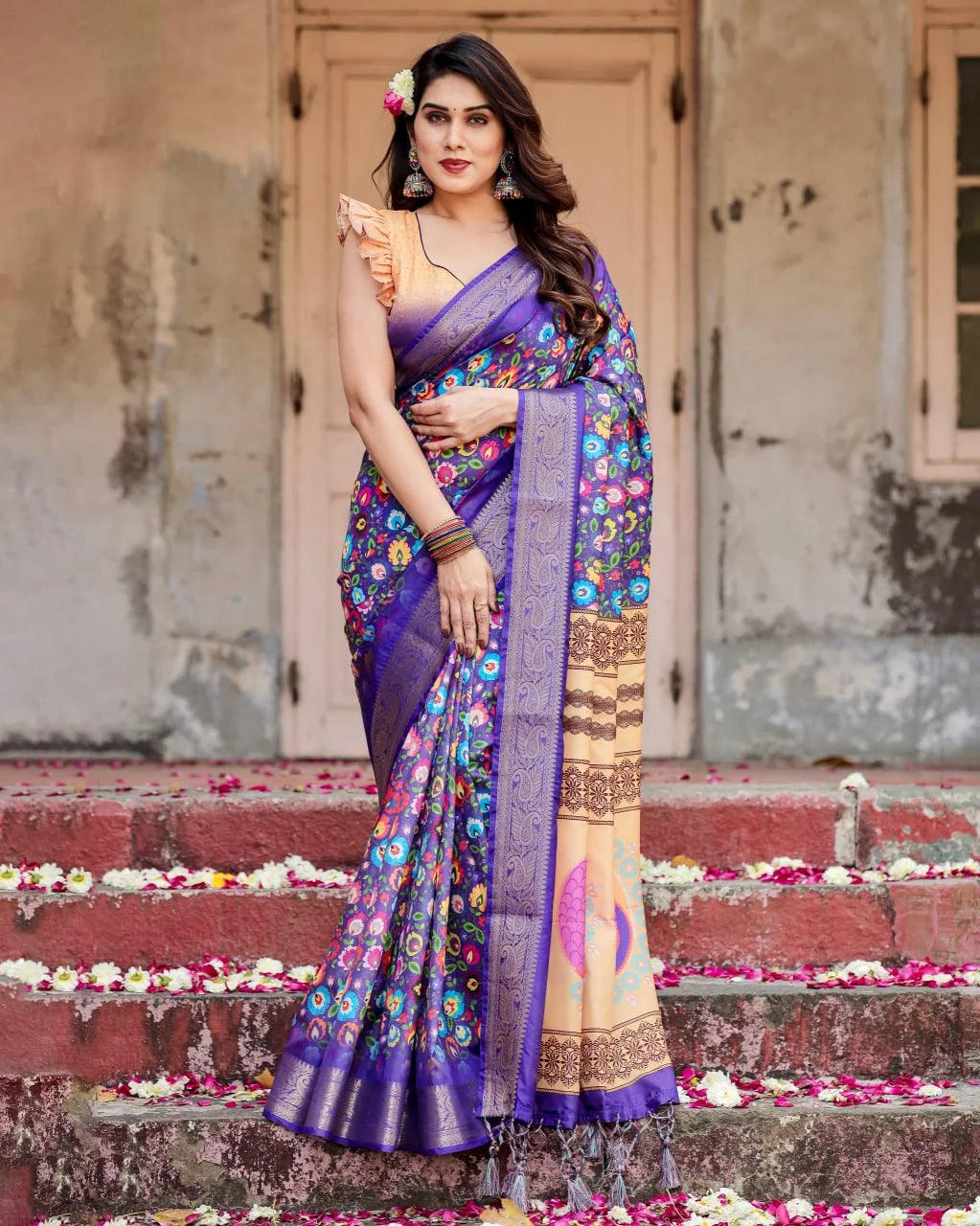 Pure Dola Silk Digitally Printed Purple Saree with Golden Zari and Tassels