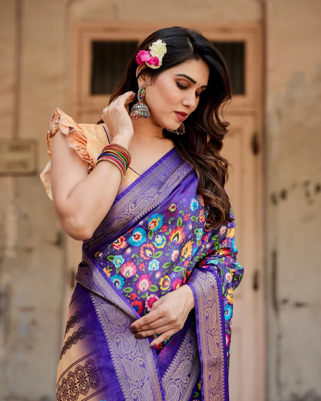 Pure Dola Silk Digitally Printed Purple Saree with Golden Zari and Tassels