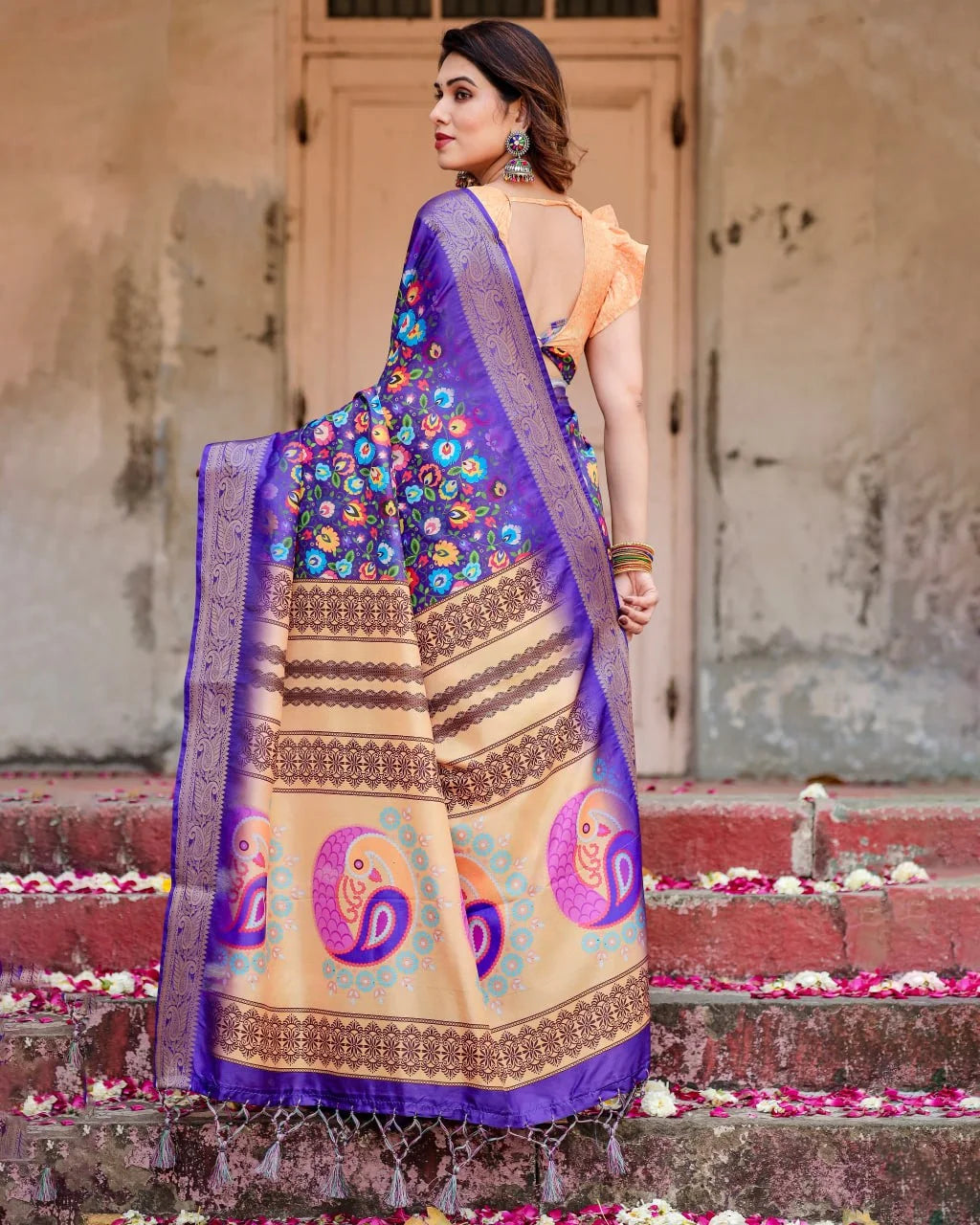 Pure Dola Silk Digitally Printed Purple Saree with Golden Zari and Tassels