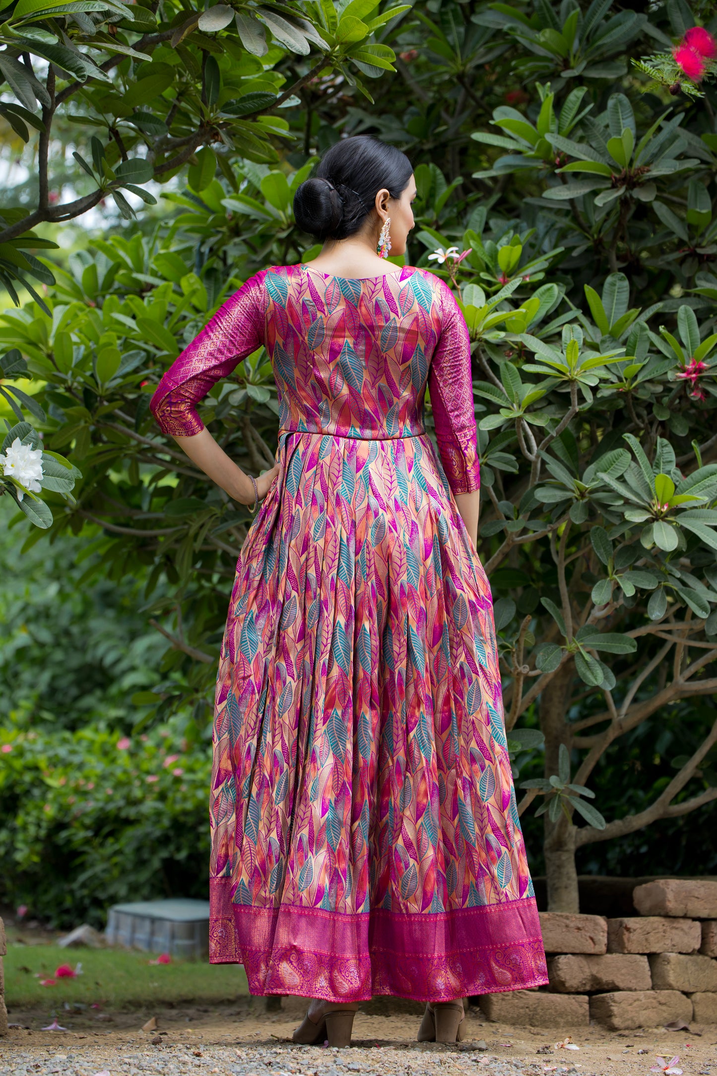 Pink Ethnic Motifs Maxi Ethnic Dresses
