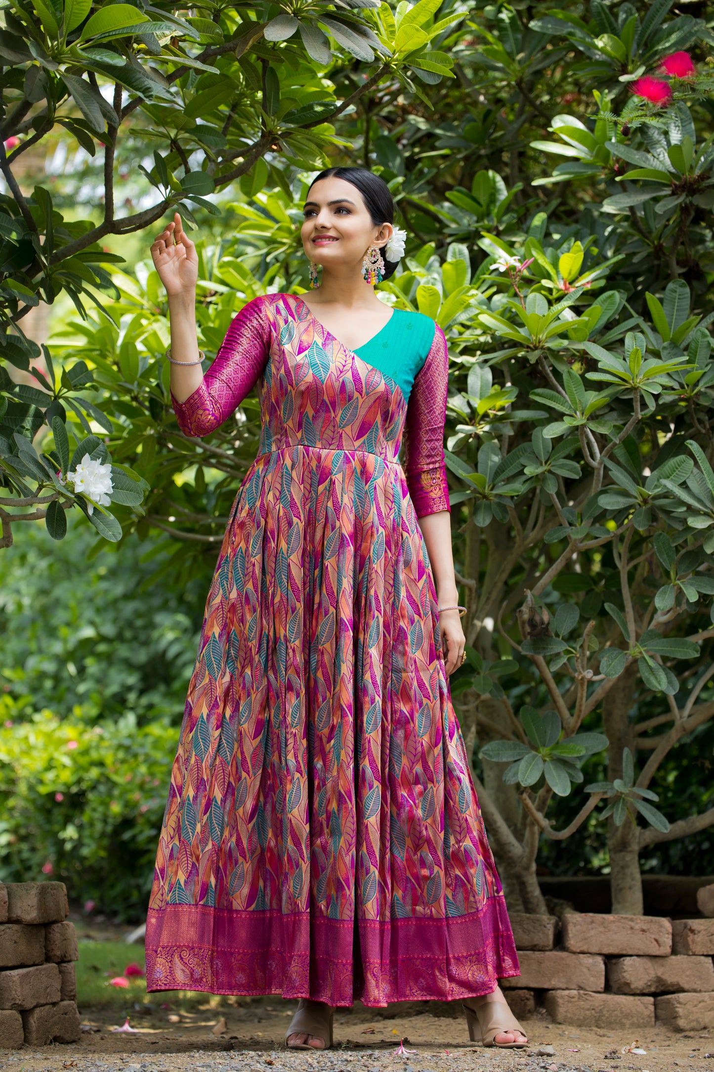 Pink Ethnic Motifs Maxi Ethnic Dresses