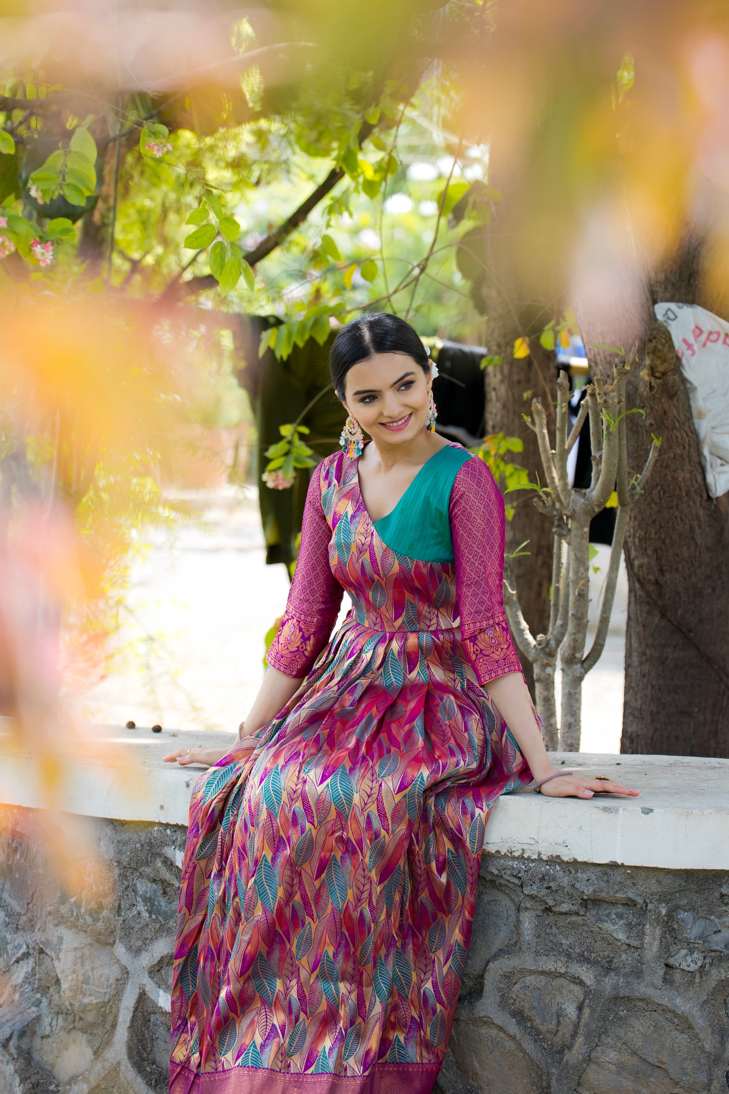Pink Ethnic Motifs Maxi Ethnic Dresses