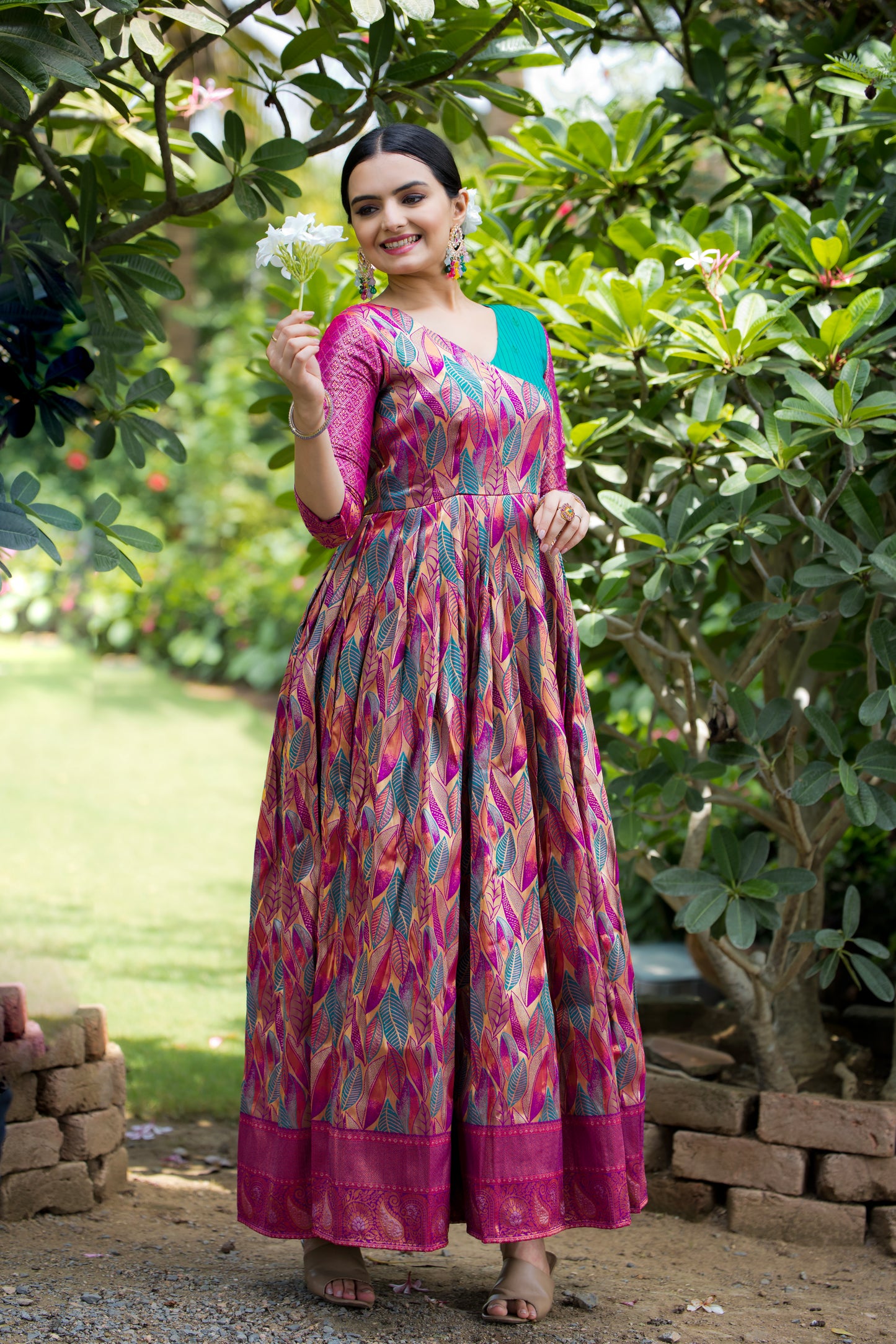 Pink Ethnic Motifs Maxi Ethnic Dresses