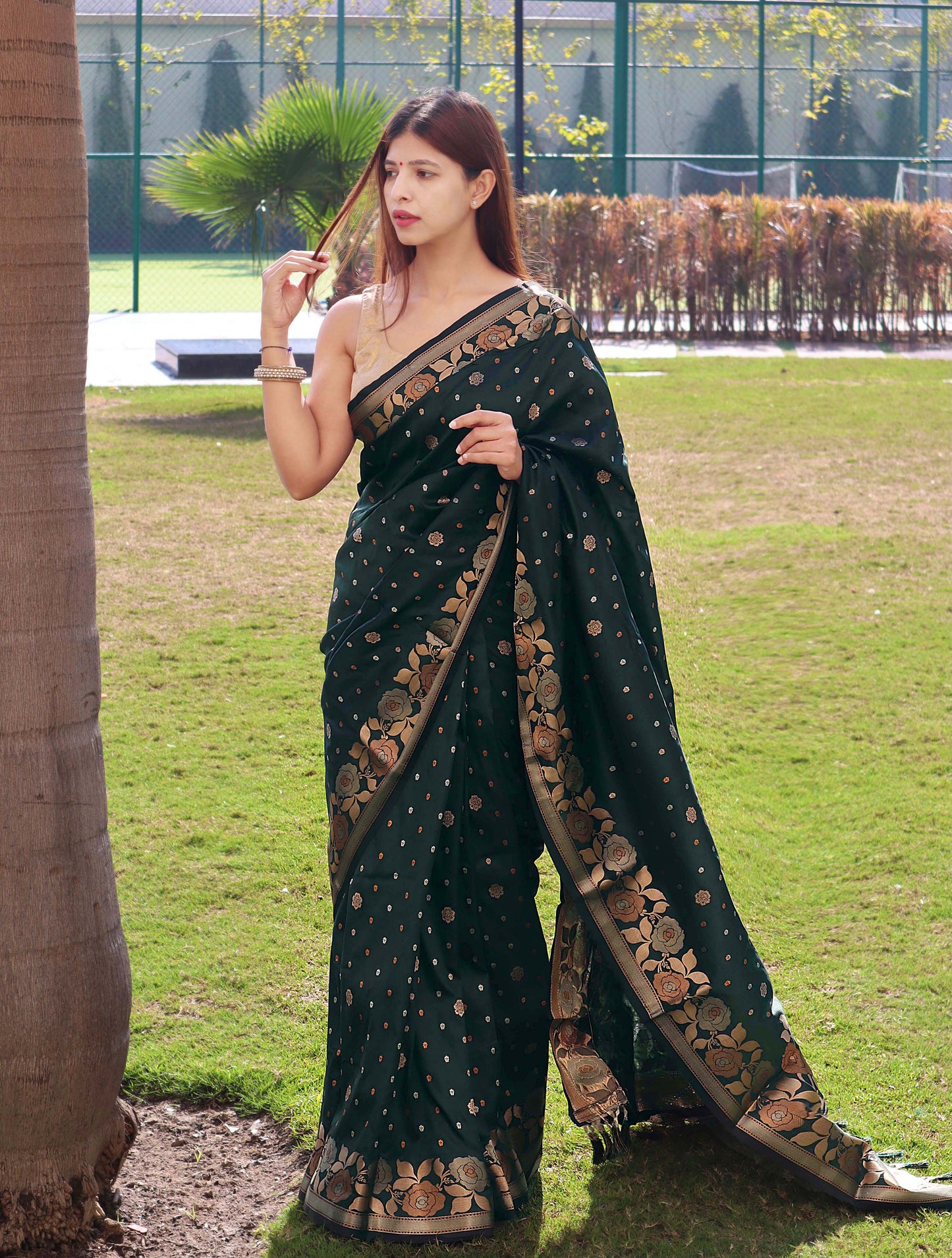 Antique Green Pure Soft Silk Saree with Triple Zari Weaving