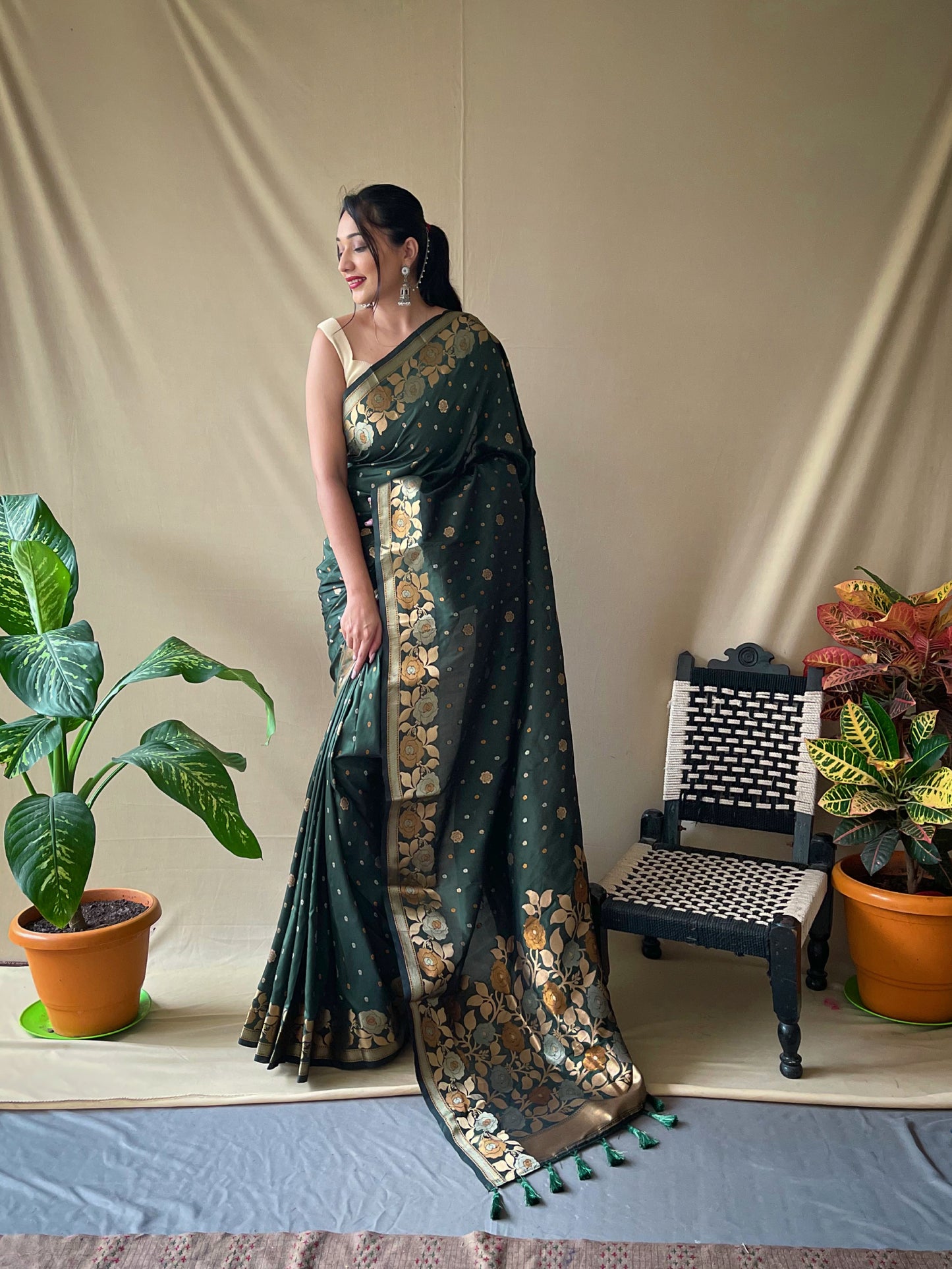 Antique Green Pure Soft Silk Saree with Triple Zari Weaving