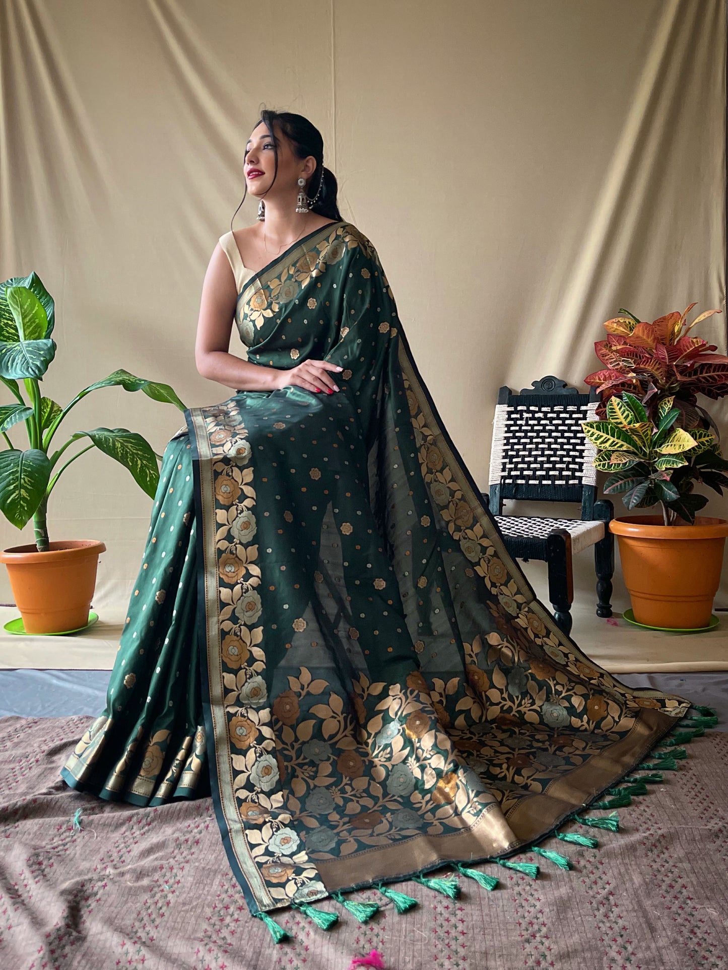 Antique Green Pure Soft Silk Saree with Triple Zari Weaving