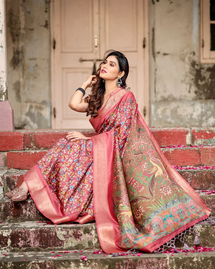 Pure Silk Digitally Printed Saree Weaved With Golden Zari Comes With Tassels