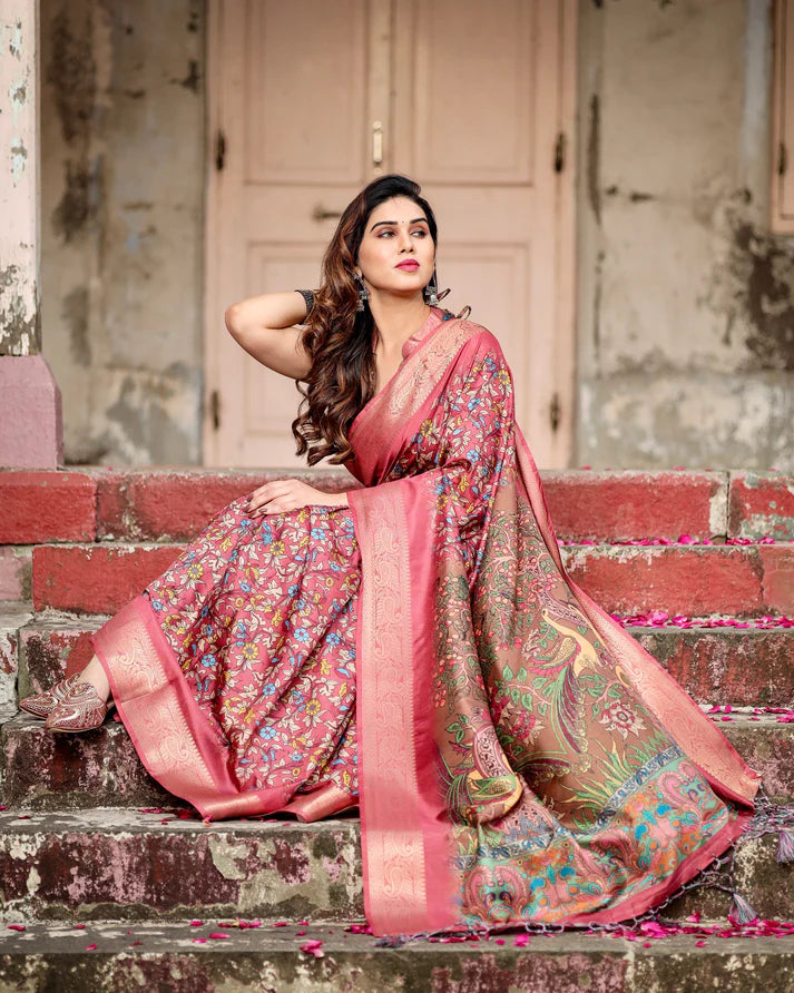 Pure Silk Digitally Printed Saree Weaved With Golden Zari Comes With Tassels