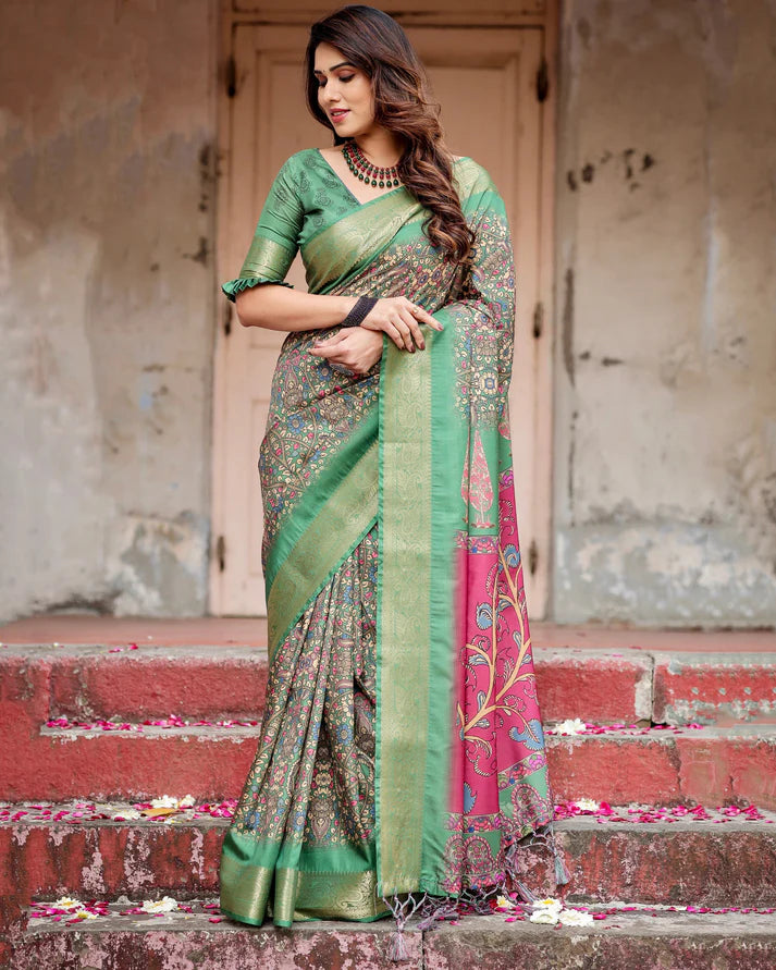 Pure Silk Digitally Printed Saree Weaved With Golden Zari Comes With Tassels