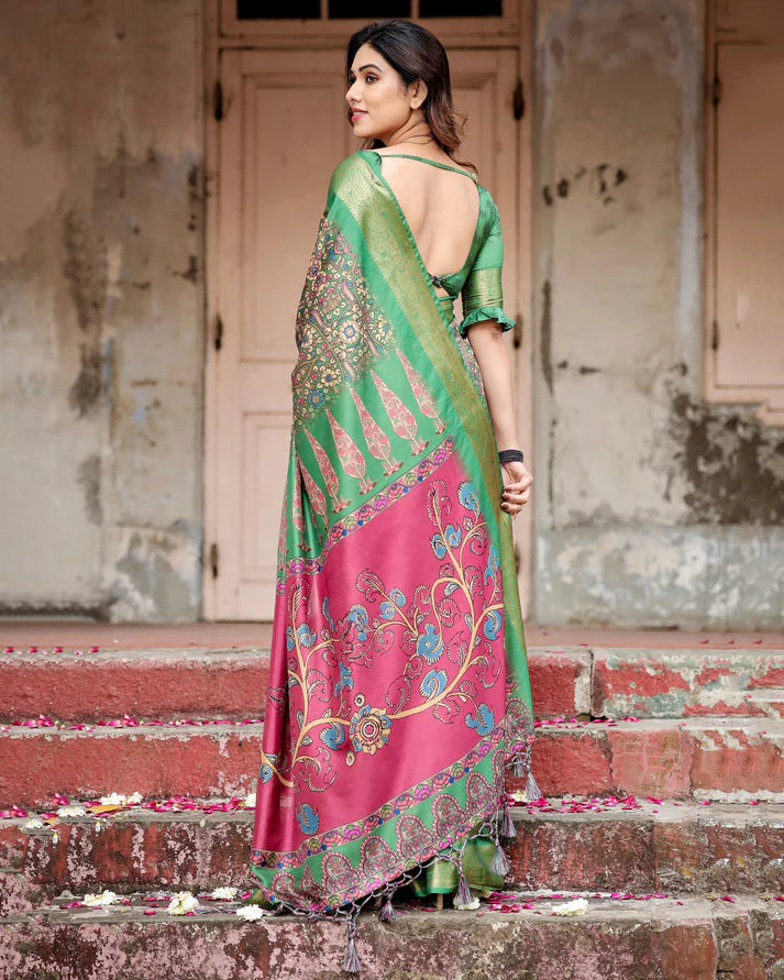 Pure Silk Digitally Printed Saree Weaved With Golden Zari Comes With Tassels