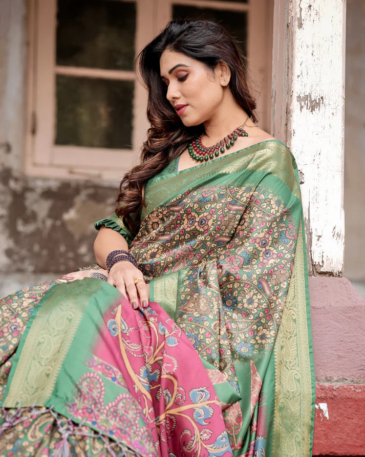 Pure Silk Digitally Printed Saree Weaved With Golden Zari Comes With Tassels