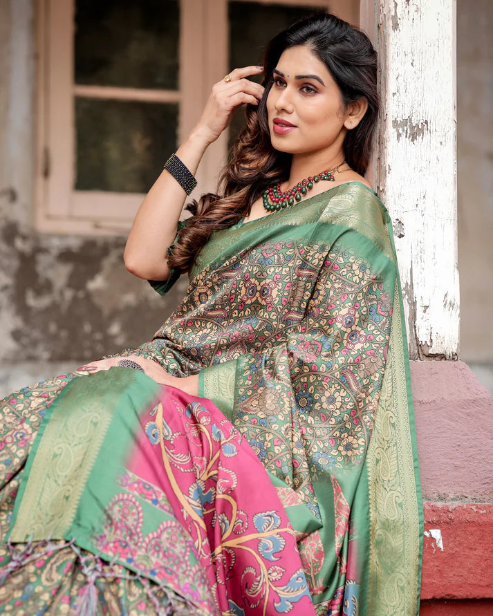Pure Silk Digitally Printed Saree Weaved With Golden Zari Comes With Tassels