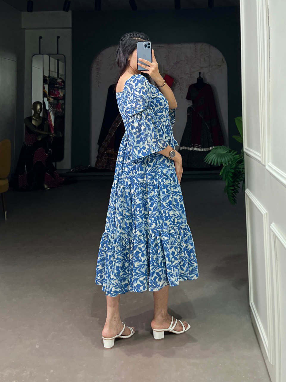 Leaf Print Tiered Boho Blue Midi Dress with Bell Sleeves