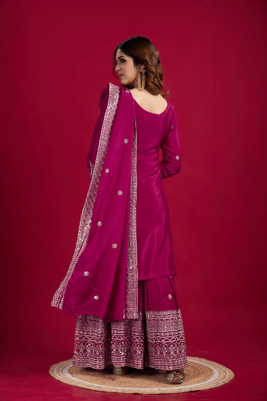 Pink Chinnon Silk With Heavy Embroidery Sequence Work Top-Plazo And Dupatta Set