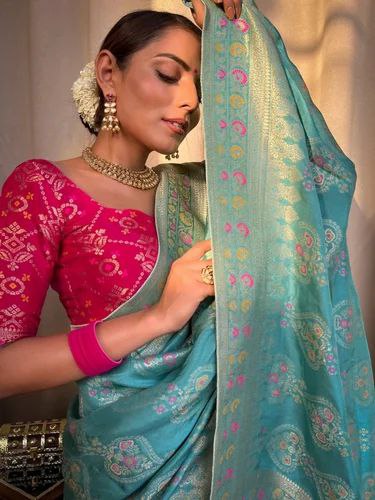 Sky Blue Floral Woven Banarasi Saree with Contrast Border
