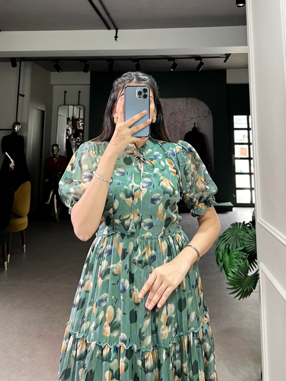 Green Floral print Chiffon Frock Collection Designed for Effortless Grace