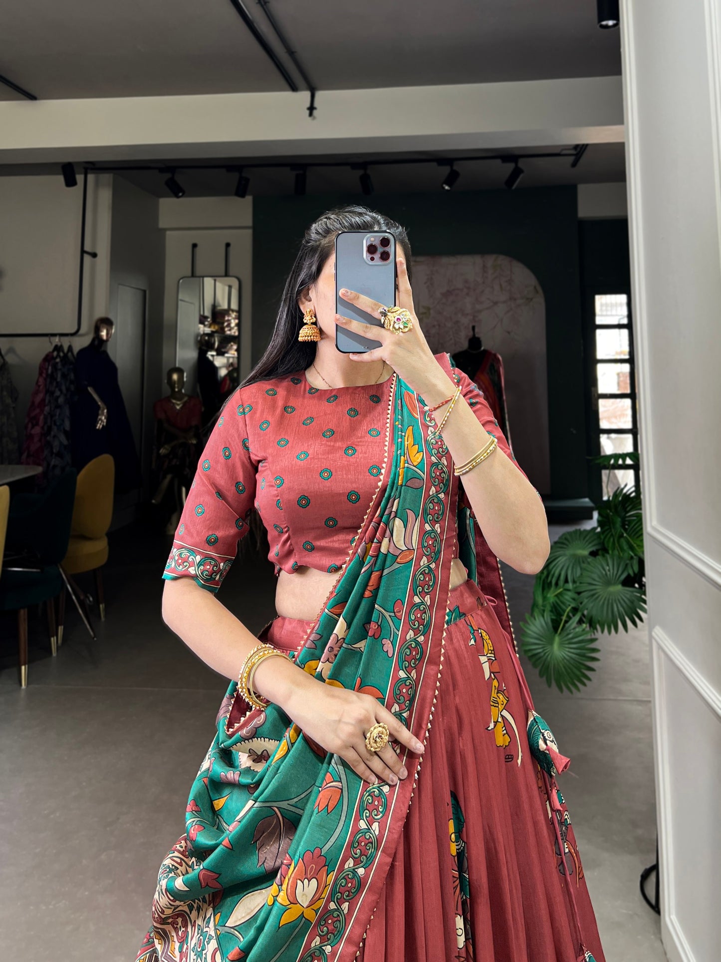 Light Maroon Tussar Silk Kalamkari Lehenga Set with Zari Weaving Border